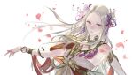  1girl armlet bare_shoulders belly_chain blurry bracelet breasts choker cleavage dancer dancer_(three_houses) depth_of_field dress edelgard_von_hresvelg fire_emblem fire_emblem:_three_houses flower greek_clothes hair_flower hair_ornament hair_ribbon highres jewelry long_hair looking_at_viewer medium_breasts petals purple_eyes ribbon simple_background single-shoulder_dress solo suzuki_rika tunic upper_body white_background 