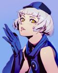  1girl blue_background blue_dress blue_gloves blue_headwear datcravat dress elizabeth_(persona) eyelashes gloves highres lips looking_at_viewer medium_hair parted_lips persona persona_3 shadow short_hair simple_background sleeveless sleeveless_dress solo twitter_username upper_body yellow_eyes 