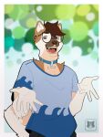  absurd_res akita akita_inu anthro canid canine canis clothing collar collarbone colored digital_drawing_(artwork) digital_media_(artwork) domestic_dog flat_colors fur gael gael_akita half_body hi_res kathai male male/male mammal shy_pose solo spitz spots spotted_body spotted_fur 