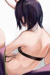  1girl absurdres back backboob bare_back bare_shoulders bob_cut breasts facing_away fate/grand_order fate_(series) highres horns japanese_clothes kimono knee_up oni oni_horns open_clothes open_kimono pointy_ears purple_hair purple_kimono revealing_clothes san_(harutuki_3) short_hair shuten_douji_(fate) simple_background sitting skin-covered_horns small_breasts solo white_background 