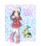  1girl artist_name beanie black_hair blue_eyes blush boots buttons closed_mouth coat cocoloco commentary_request dated dawn_(pokemon) hair_ornament hairclip hat long_hair own_hands_together pigeon-toed pink_footwear poke_ball_print pokemon pokemon_(creature) pokemon_(game) pokemon_dppt pokemon_platinum red_coat scarf smile thighhighs turtwig twitter_username white_headwear white_legwear white_scarf 