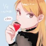  1girl bangs blonde_hair blue_background brown_eyes dated earrings food frills from_behind fruit fullmetal_alchemist hand_up highres holding holding_food holding_fruit jewelry long_sleeves looking_at_viewer looking_back nail_polish object_kiss ozaki_(tsukiko3) pink_nails portrait riza_hawkeye see-through see-through_sleeves simple_background solo straight_hair strawberry stud_earrings 