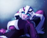  1girl alien arcee blue_background blue_eyes gemxfirex hand_on_own_cheek hand_on_own_face looking_at_viewer lying medium_hair non-web_source pink_lips robot solo transformers transformers_animated 