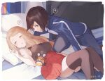  1boy 1girl black_hair blue_jacket blush breasts calem_(pokemon) collared_shirt dedenne heart jacket looking_at_another lying on_bed pokemon pokemon_(creature) pokemon_(game) pokemon_xy red_skirt serena_(pokemon) shirt skirt sleeping sleeveless sleeveless_shirt source_request spoken_heart spoken_squiggle squiggle tail thighhighs twitter_username yairo_(sik_s4) 