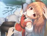  1girl animal_ears bangs black_legwear blurry blurry_background blush bow brown_eyes brown_hair cellphone eyebrows_visible_through_hair hair_ribbon highres long_hair looking_at_viewer original pantyhose petting phone psyche3313 ribbon sitting smartphone solo_focus 