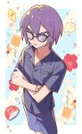  1boy alternate_costume bangs bespectacled black_eyes border breast_pocket buttons closed_mouth collared_shirt commentary_request crossed_arms frown glasses highres male_focus paul_(pokemon) pocket pokemon pokemon_(anime) pokemon_dppt_(anime) purple_hair shirt short_hair short_sleeves shorts solo tuze111 watch white_border wristwatch 