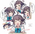  1girl ahoge aqua_bow bow collared_shirt commentary_request dress_shirt expressions gradient_hair grey_hair hair_ribbon halterneck hayanami_(kancolle) kantai_collection long_sleeves multicolored_hair multiple_views one-hour_drawing_challenge ponytail purple_hair ribbon school_uniform shirt short_hair sidelocks u_yuz_xx white_ribbon white_shirt yellow_eyes 