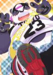  2022 alp_(tas) anthro belly big_belly black_nose clothing eyes_closed giant_panda hat headgear headwear hi_res humanoid_hands japanese_text kemono lifewonders male mammal nazebesu_hobby overweight overweight_male purple_body shirt solo text tokyo_afterschool_summoners topwear ursid video_games white_body 
