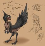  2018 angry anthro avian beak brown_background brown_body dialogue digital_media_(artwork) english_text feathers looking_up male nude open_mouth simple_background solo standing surprise text valsalia 