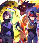  2boys absurdres ash_ketchum bangs closed_mouth commentary_request cowboy_shot electivire fingerless_gloves fire frown gloves green_shirt hat highres infernape jacket long_sleeves male_focus multiple_boys pants paul_(pokemon) pokemon pokemon_(anime) pokemon_(creature) pokemon_dppt_(anime) purple_hair purple_jacket red_headwear shirt short_hair short_sleeves tuze111 