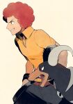  1boy afro belt black_pants brown_belt collared_shirt commentary_request dog fangs flint_(pokemon) from_side grey_eyes grin highres houndoom male_focus open_mouth pants pokemon pokemon_(creature) pokemon_(game) pokemon_dppt red_eyes red_hair shirt short_hair smile teeth tongue yellow_shirt yukin_(es) 