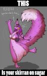  2017 anthro black_nose breasts canid chest_tuft confusion dipstick_ears english_text female fur hybrid mammal multicolored_ears navel on_one_leg open_mouth pink_body pink_fur rodent sciurid smile solo spiral_eyes standing text tongue tongue_out tuft valsalia yellow_sclera 