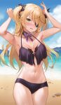  1girl armpits arms_up bangs bare_shoulders beach bikini blonde_hair blush breasts cleavage collarbone commentary_request cowboy_shot crab eyepatch fischl_(genshin_impact) genshin_impact green_eyes hair_ornament highres looking_at_viewer lunacle medium_breasts navel one_eye_covered outdoors parted_lips purple_bikini solo swimsuit two_side_up water 