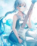  1girl bare_shoulders blue_eyes blue_flower blue_hair blue_nails blue_theme braid closed_mouth collarbone commentary dress electric_guitar fender_stratocaster flower guitar headphones headphones_around_neck highres holding holding_instrument hydrangea instrument long_hair looking_at_viewer low_twin_braids original sleeveless sleeveless_dress solo sutera_sea tearing_up tears twin_braids very_long_hair water_drop white_dress 