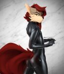  anthro bodysuit butt canid canine clothed clothing girly hair hi_res latex latex_clothing long_hair looking_at_viewer male mammal red_hair rubber rubber_clothing rubber_suit skinsuit snowiezegreight solo tight_clothing yellow_eyes 