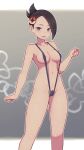  1girl areola_slip black_hair black_swimsuit blue_eyes blush breasts clenched_hands commentary_request covered_nipples eyelashes hair_ornament hairpin hand_up highres knees lamb-oic029 looking_at_viewer mai_(pokemon) navel open_mouth pokemon pokemon_(game) pokemon_legends:_arceus pubic_hair pubic_hair_peek short_hair slingshot_swimsuit smile solo swimsuit 