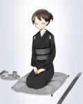  1girl black_kimono dress funeral_dress funeral_kimono japanese_clothes kimono kinfuji original seiza sitting touge_chayako 