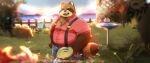  2022 anthro baw0sox bottomwear brown_body canid canine clothing detailed_background eyes_closed hi_res humanoid_hands kemono male mammal outside overweight overweight_male pants raccoon_dog shirt solo suspenders tanuki topwear water 