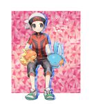  1boy artist_name beanie black_pants blue_eyes blush bracelet brendan_(pokemon) brown_hair capri_pants closed_mouth cocoloco commentary_request dated green_footwear grey_eyes hat invisible_chair jewelry male_focus mudkip pants pokemon pokemon_(game) pokemon_oras shirt shoes short_hair short_sleeves sitting smile sneakers tight tight_shirt torchic turtleneck twitter_username white_footwear white_headwear zipper_pull_tab 