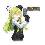  1girl ^^^ bangs black_gloves black_headwear black_pants black_vest chihong_de_tianshi copyright_request cropped_legs eyebrows_visible_through_hair gloves green_hair gun hair_between_eyes handgun hat highres holding holding_gun holding_weapon long_hair long_sleeves mini_hat pants pistol purple_eyes shirt simple_background solo tilted_headwear two-handed very_long_hair vest virtual_youtuber weapon white_background white_shirt wide-eyed 