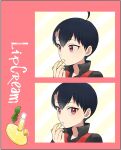  1boy ahoge bangs black_hair border brendan_(pokemon) collared_shirt commentary_request eyebrows_visible_through_hair fingernails hand_up holding lip_balm looking_at_viewer male_focus parted_lips pink_border pokemon pokemon_adventures popped_collar red_eyes shirt short_hair yukin_(es) 