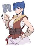  1girl arm_warmers bandages bangs blue_eyes blue_hair blunt_bangs breasts brown_bag brown_vest chest_sarashi clenched_hand coin_(pokemon) commentary_request crushing facepaint hand_on_hip hand_up highres large_breasts poke_ball pokemon pokemon_(game) pokemon_legends:_arceus sarashi short_hair solo spacezin speech_bubble translation_request vest white_background 