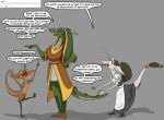  2017 apron argonian bethesda_softworks brown_hair clothing cosplay dialogue dress eyewear female glasses green_body grey_background group hair lifts-her-tail maid_uniform mammal on_one_leg out-of-placers ponytail round_glasses scalie simple_background size_difference smile standing surprise the_elder_scrolls uniform valsalia video_games vizlet webcomic yinglet 