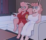  anthro barefoot big_breasts blue_eyes breasts cleavage clothed clothing controller curtains daughter duo feet female furniture hair hi_res jigglypuff mother mother_and_child mother_and_daughter night nightgown nintendo pajama_bottoms pajama_shirt pajamas parent parent_and_child pigtails pink_body pink_hair pok&eacute;mon pok&eacute;mon_(species) remote_control smile sofa somescrub table video_games watching_tv wigglytuff window 