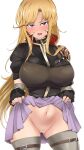  1girl armor ass_visible_through_thighs bar_censor black_gloves black_shirt blonde_hair blush breastplate breasts censored clarisse_(fire_emblem) clothes_lift cowboy_shot eyebrows_visible_through_hair fingerless_gloves fire_emblem fire_emblem:_new_mystery_of_the_emblem fire_emblem_heroes full-face_blush gloves groin highres large_breasts lifted_by_self long_hair looking_at_viewer miniskirt navel no_panties open_mouth purple_eyes pussy shirt short_sleeves simple_background skirt skirt_lift solo thighhighs toshimasa_(ztvy3575) very_long_hair white_background 