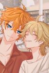  2boys ^_^ aether_(genshin_impact) ahoge bangs blonde_hair blue_eyes braid closed_eyes genshin_impact hair_between_eyes highres inkka multiple_boys orange_hair red_shirt shirt short_hair smile tartaglia_(genshin_impact) white_shirt 