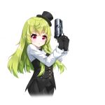  1girl bangs black_gloves black_headwear black_pants black_vest blush chihong_de_tianshi copyright_request cropped_legs eyebrows_visible_through_hair gloves green_hair gun hair_between_eyes handgun hat highres holding holding_gun holding_weapon long_hair long_sleeves looking_at_viewer mini_hat pants parted_lips pistol purple_eyes shirt simple_background solo tilted_headwear two-handed very_long_hair vest virtual_youtuber weapon white_background white_shirt 