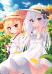  2girls bag bangs blonde_hair blue_eyes blue_hair blush center_frills day dress flower frills hair_ribbon hand_in_own_hair hat hat_ribbon highres holding_strap isoroku_(isrk) long_hair looking_at_viewer multiple_girls off-shoulder_dress off_shoulder original parted_lips red_eyes ribbon short_sleeves shoulder_bag sky sleeveless sleeveless_dress smile straw_hat stuffed_animal stuffed_bunny stuffed_toy summer sun_hat sundress sunflower twintails two_side_up white_dress white_hair wind 