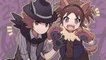  2boys animal_ears animal_hands black_headwear blush brown_eyes brown_hair buttons cocoloco collared_shirt gloves hairband hands_up hat hilbert_(pokemon) looking_at_viewer male_focus multiple_boys nate_(pokemon) notice_lines official_alternate_costume outline paw_gloves pokemon pokemon_(game) pokemon_bw2 pokemon_ears pokemon_masters_ex pokemon_tail shirt smile symbol-only_commentary tail teeth vest 