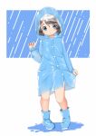  1girl alternate_costume blue_eyes blue_footwear blue_raincoat boots full_body grey_hair kaiboukan_no._30_(kancolle) kantai_collection looking_at_viewer nassukun rain rubber_boots short_hair solo standing 