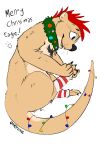  2:3 absurd_res anthro black_nose blue_eyes chest_markings christmas christmas_clothing christmas_decorations christmas_lights clothing fur hair happy hi_res holidays legwear lontra lutrine male mammal markings mustelid north_american_river_otter otterlike plantigrade red_hair river_otter schwartz_otter smile solo stockings tan_body tan_fur text 