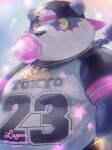  2022 alp_(tas) anthro black_nose blush bubble_gum clothing giant_panda hat headgear headwear hi_res kemono lagoon_bluebear lifewonders male mammal overweight overweight_male purple_body shirt solo text text_on_clothing text_on_shirt text_on_topwear tokyo_afterschool_summoners topwear ursid video_games white_body 