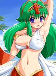  armpits bad_id bad_pixiv_id bikkuriman blue_eyes blush breast_slip breasts cum cum_on_body cum_on_upper_body green_hair jpeg_artifacts konpeto large_breasts long_hair midriff nipples shurin_puu solo 