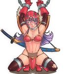  armor bdsm bikini_armor blush bondage bound bra bukkake chain cum dragon_quest dragon_quest_iii elbow_gloves gloves helmet katana kneeling lingerie misonou_hirokichi panties red_armor soldier_(dq3) solo sword thighhighs torn_clothes torn_legwear underwear weapon 