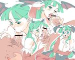  1girl :&gt;= animal_print bad_id bad_pixiv_id bat_print blue_eyes breasts censored cum cum_in_mouth facial fellatio green_hair head_wings hetero huge_breasts long_hair meisamu morrigan_aensland oral pantyhose penis print_legwear testicles vampire_(game) 