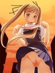  artist_request blush copyright_request hair_ribbon holding holding_panties jpeg_artifacts long_hair no_panties orange_eyes panties panties_removed pussy ribbon school_uniform skirt solo sunset twintails uncensored underwear vest wind wind_lift 