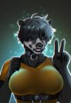  anthro badger big_breasts black_body black_fur black_hair black_lips breasts bust_portrait clothed clothing collar facial_piercing fangs female fur gesture hair hair_over_eye hi_res lips looking_at_viewer mammal mustelid musteline nose_piercing nose_ring one_eye_obstructed piercing portrait sergevna_(character) short_hair smile solo teeth tomboy v_sign valeskart 