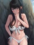  1girl bangs banned_artist bikini black_hair blue_eyes blush breasts cleavage closed_mouth commentary english_commentary hand_up jagaimo_(kkamja) large_breasts long_hair looking_at_viewer navel original outdoors solo swimsuit wet white_bikini 