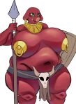  anthro belly big_belly big_breasts blin_(tloz) bottomwear breasts chubby_female clothed clothing curvy_figure ear_piercing ear_ring female green_eyes hi_res isolatedartest loincloth melee_weapon moblin navel nintendo partially_clothed pasties piercing polearm red_body red_skin sharp_teeth shield simple_background solo spear teeth the_legend_of_zelda thick_thighs topless video_games voluptuous weapon white_background wide_hips 