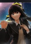  1boy 1girl absurdres amagami ayatsuji_tsukasa bangs black_bow black_bowtie black_hair black_jacket blunt_bangs blurry blurry_background bow bowtie breath brown_sweater_vest christmas_tree closed_mouth commentary depth_of_field dress_shirt garland_(decoration) hand_on_own_chest head_tilt highres holding_hands interlocked_fingers jacket kibito_high_school_uniform long_hair looking_at_viewer night open_clothes open_jacket pine_tree pov pov_hands school_uniform shirt sky smile solo_focus star_(sky) starry_sky sweater_vest tree upper_body white_shirt window yoo_tenchi 