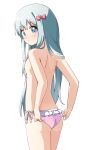  1girl :/ adjusting_clothes adjusting_swimsuit aqua_eyes aqua_hair ass back bangs bikini bikini_bottom_only blush bow breasts bright_pupils closed_mouth cowboy_shot dot_nose eromanga_sensei eyebrows_visible_through_hair hair_between_eyes hair_bow hair_ornament haru_(konomi_150) highres izumi_sagiri long_hair looking_at_viewer pink_bikini pink_bow side-tie_bikini simple_background small_breasts solo straight_hair string_bikini swimsuit topless very_long_hair white_background 