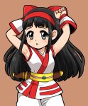  1girl ainu_clothes armpits black_eyes black_hair bow breasts hair_bow hairband hiru_made_ne-tarou knife long_hair looking_at_viewer nakoruru open_mouth red_bow samurai_spirits simple_background solo sweat 