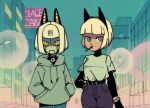  1990s_(style) 2girls animal_ears bangs blue_eyes cat_ears firemauer looking_at_viewer ms._fortune_(skullgirls) multiple_girls parody retro_artstyle robo-fortune robot short_hair skullgirls style_parody white_hair yellow_eyes 