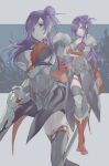  1girl armor breasts cleavage commentary crossed_arms fire_emblem fire_emblem:_three_houses fire_emblem_warriors:_three_hopes gloves grey_legwear hair_bun hair_over_one_eye highres holding holding_sword holding_weapon large_breasts leg_strap long_hair looking_at_viewer multiple_views purple_eyes purple_hair red_gloves shez_(fire_emblem)_(female) shoulder_armor single_glove smile sokoo sword thighhighs weapon 