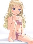  1girl bikini blonde_hair blue_eyes blush collarbone commentary_request eyebrows_visible_through_hair flat_chest frilled_bikini frills highres long_hair looking_at_viewer meow_(nekodenki) navel parted_lips pink_bikini simple_background sitting solo swimsuit white_background 