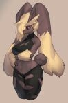 1girl black_sclera breasts colored_sclera furry furry_female highres lopunny mega_lopunny mega_pokemon pokemon pokemon_(creature) rabbit_girl rabbit_tail red_eyes simple_background snout solo tail woobin94 